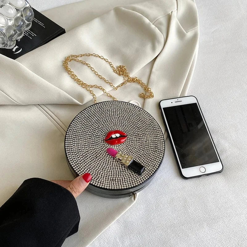 16x4x16cm / 24258 Round Acrylic Crystal Evening Clutch Bag Lips And Lipstick Minaudiere Rhinestone Purses Luxury Designer Wedding Party Handbags