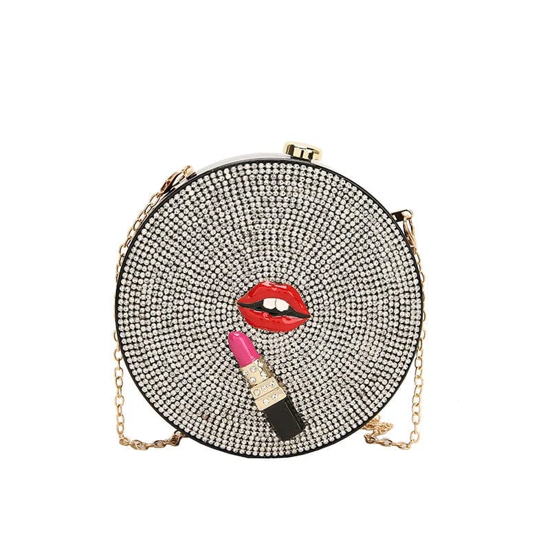 16x4x16cm / 24258 Round Acrylic Crystal Evening Clutch Bag Lips And Lipstick Minaudiere Rhinestone Purses Luxury Designer Wedding Party Handbags