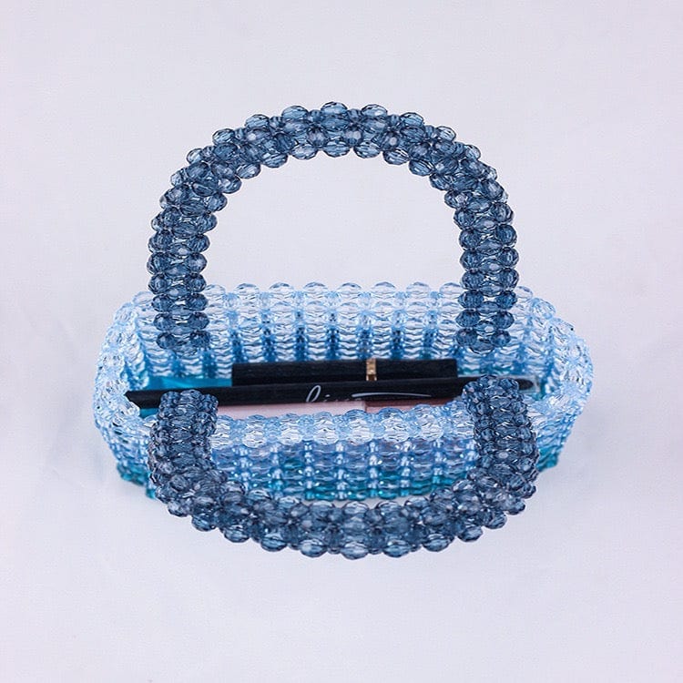 16X6X12.5CM / Blue Summer New Transparent Cute Acrylic Blue Beads Fashion Tote Bag Ladies Banquet Dress Clear Pearl Beaded Clutch Handbag and Purse