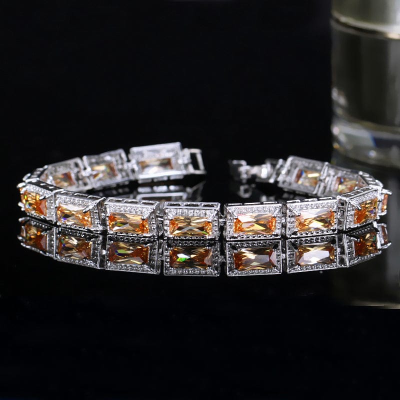 17.2 cm + a free 3 cm extended clasp / Champagne-S0045-XiangBin Fashion Design Women Wedding Wristband Jewelry Silver Plated Bracelet with Princess Cut  Blue Color Square Cubic Zirconia Stone