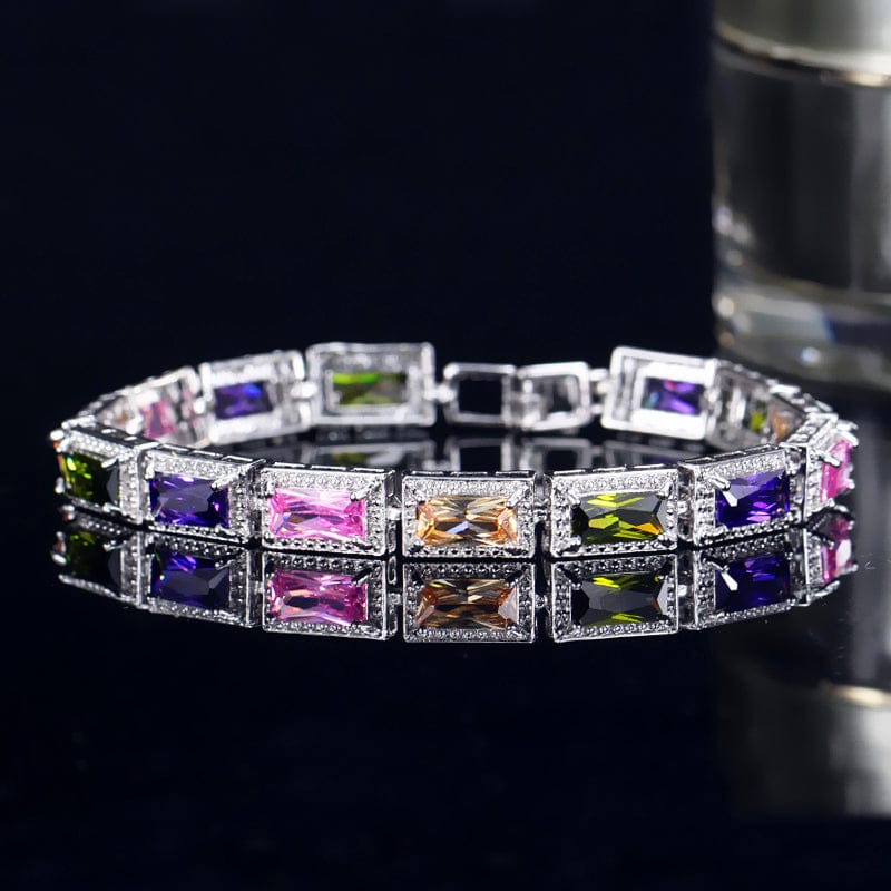 17.2 cm + a free 3 cm extended clasp / Colorful-S0045-CaiSe Fashion Design Women Wedding Wristband Jewelry Silver Plated Bracelet with Princess Cut  Blue Color Square Cubic Zirconia Stone