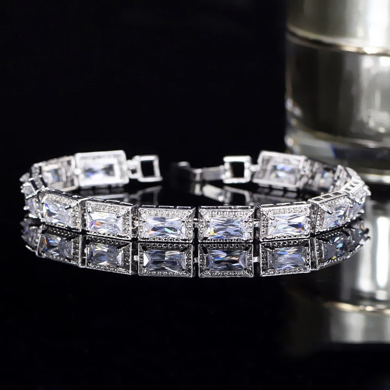 17.2 cm + a free 3 cm extended clasp / White-S0045-Bai Fashion Design Women Wedding Wristband Jewelry Silver Plated Bracelet with Princess Cut  Blue Color Square Cubic Zirconia Stone