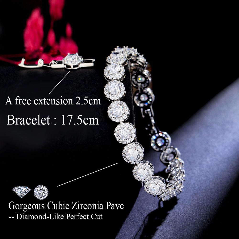 17.5 cm + 2.5 cm extension / S0197 Glittering Round Iced Out Cubic Zircon Pave Silver Color Women Wedding Bridal Engagement CZ Tennis Bracelet for Brides Jewelry