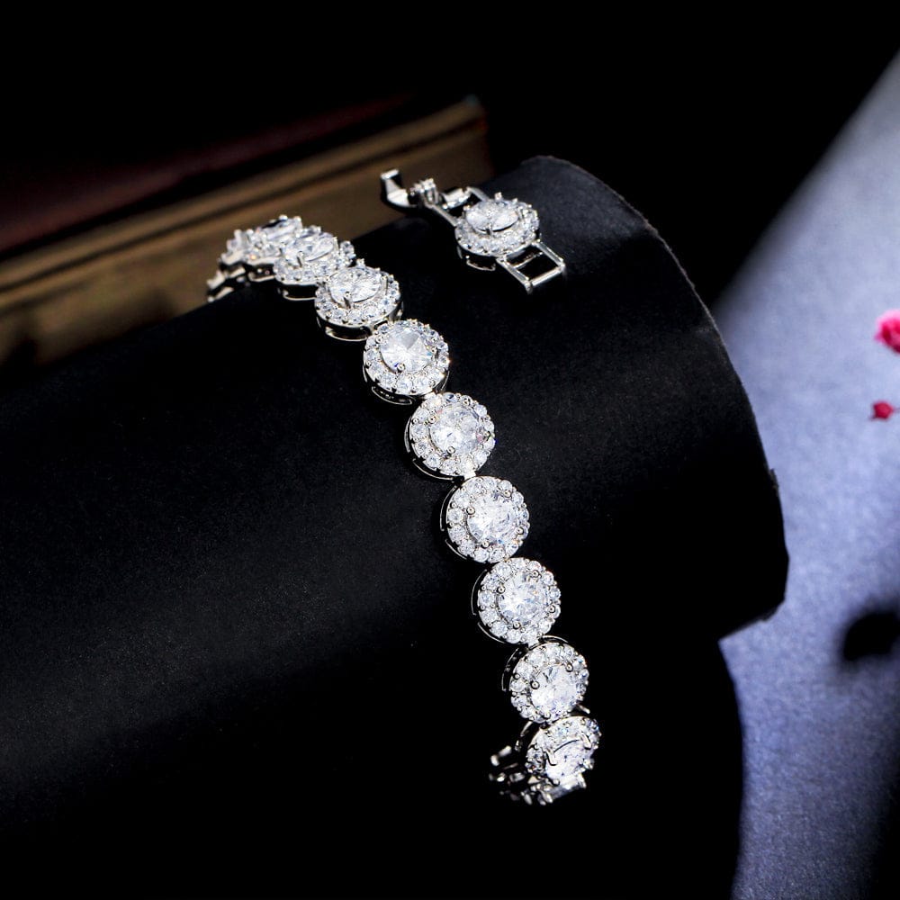 17.5 cm + 2.5 cm extension / S0197 Glittering Round Iced Out Cubic Zircon Pave Silver Color Women Wedding Bridal Engagement CZ Tennis Bracelet for Brides Jewelry