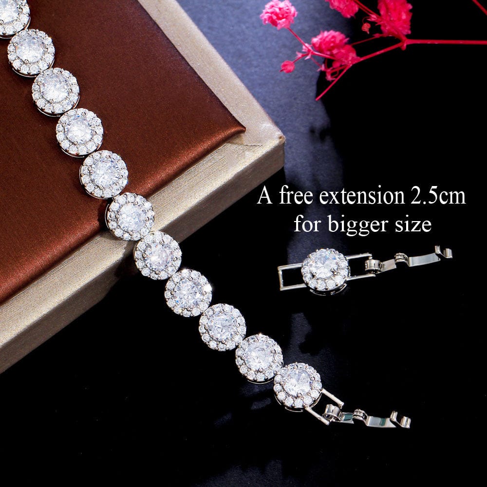 17.5 cm + 2.5 cm extension / S0197 Glittering Round Iced Out Cubic Zircon Pave Silver Color Women Wedding Bridal Engagement CZ Tennis Bracelet for Brides Jewelry