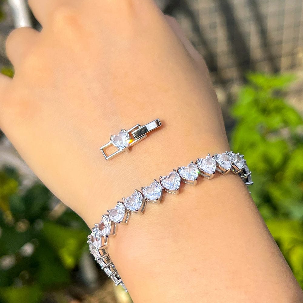 17.5 cm + 2 cm extension / S0198 Chic Sparking White Love Heart Shape Cubic Zirconia Stone Wedding Engagement Tennis Bracelet for Women Classic CZ Jewelry Gift