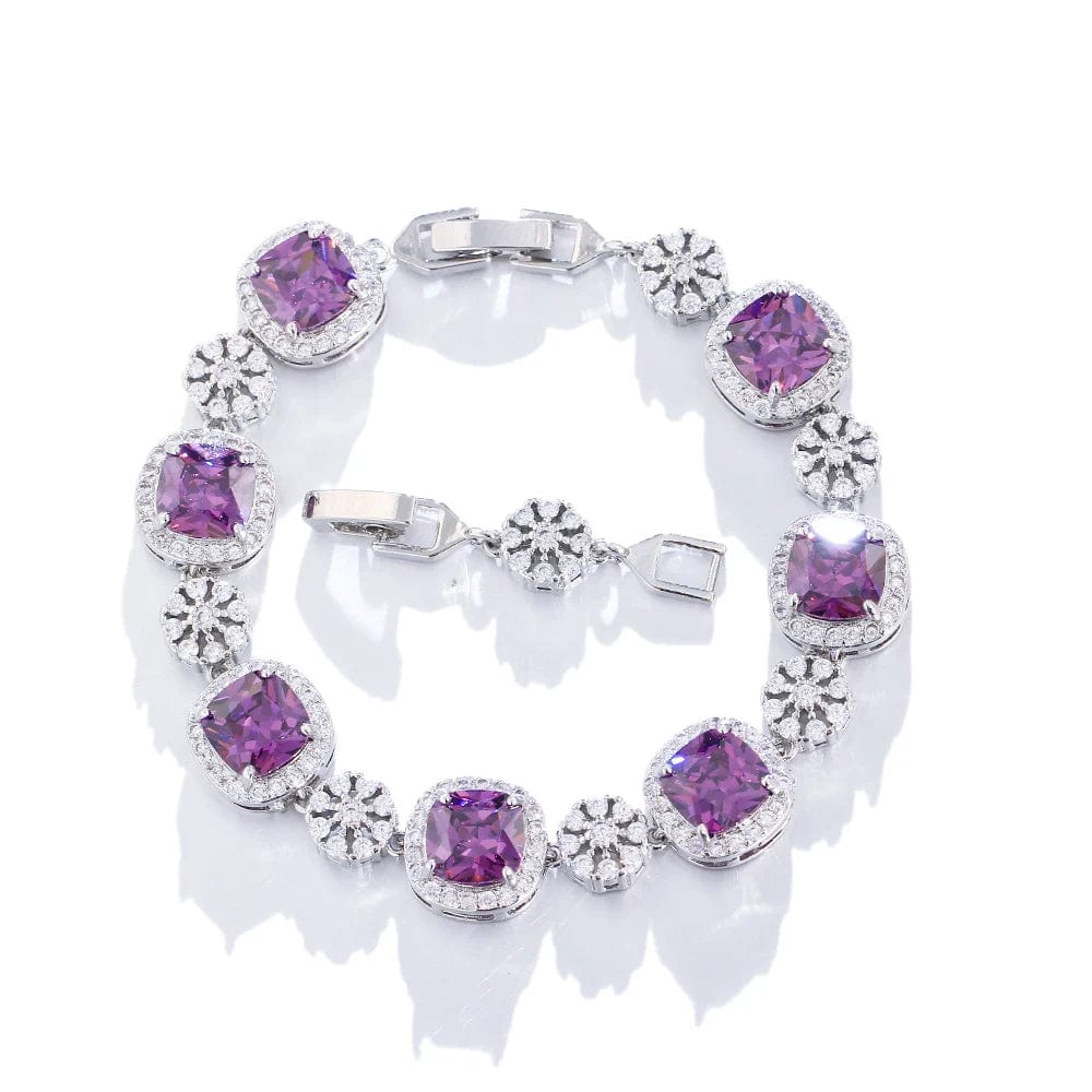 17.5cm +3cm extension / Purple-S0231-Zi Elegant Purple Stone Square Cubic Zirconia White Gold Plated Women Wedding Dress Bracelets Jewelry for Ladies Accessories Gifts