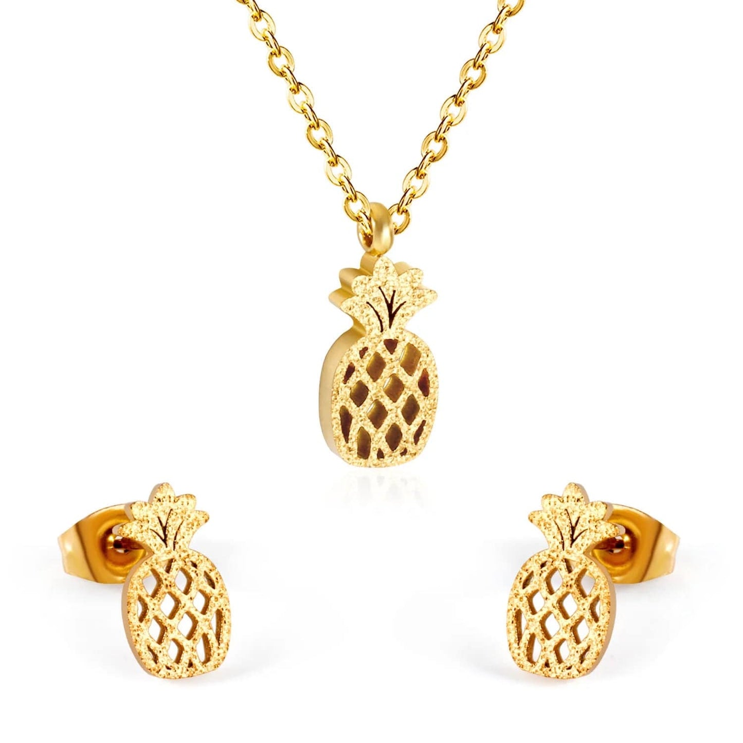 17.7inches / 1 Fashion 18k gold plated  stainless steel love heart Pineapple pendant Necklace and earring set  design jewelry for women