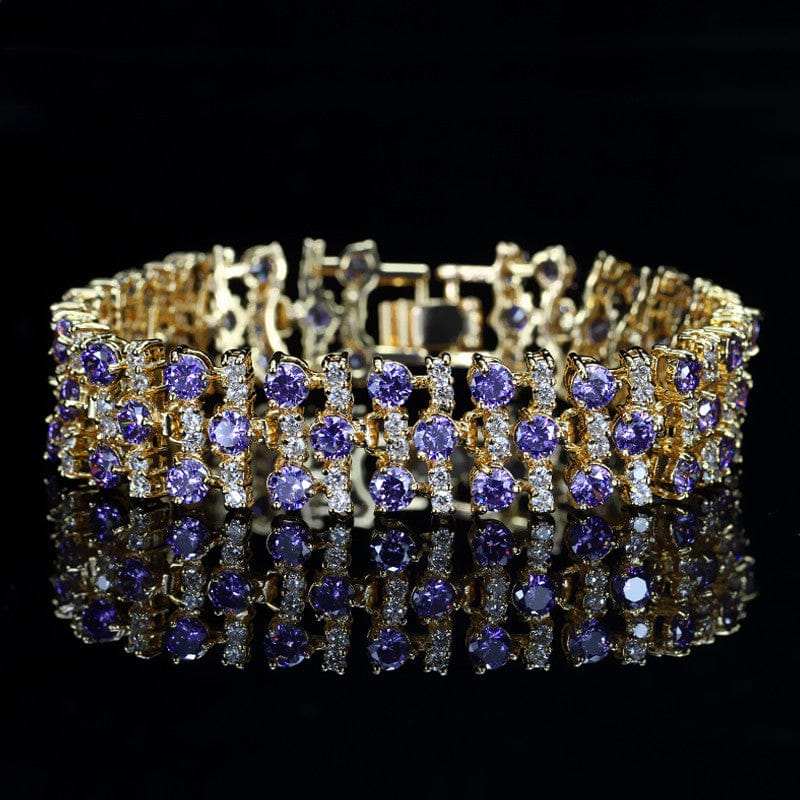 17.9 cm / Purple-S0033-Zi African Nigerian Yellow Gold Plated Wedding Costume Jewelry White and Black Big Wide Cubic Zirconia Stone Bracelet for Women