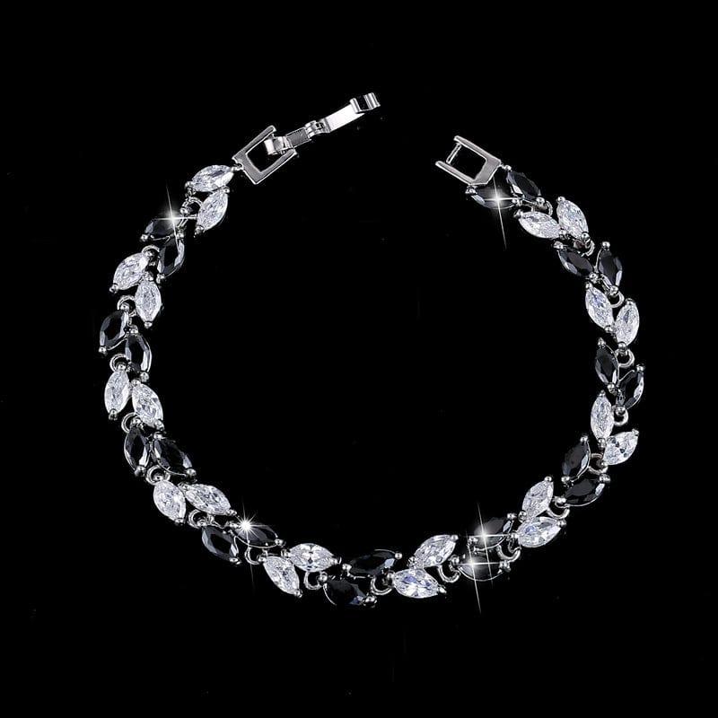 17 cm + 3 cm free extension / Black-S0003-Yin-Hei New Trendy Brilliant Cubic Zircon Inlaid Jewelry Silver Color Leaf Charm CZ Crystal Female Chain Link Bracelet Bangles for Women