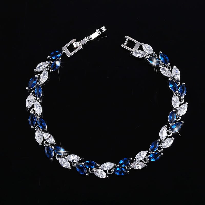 17 cm + 3 cm free extension / Blue- S0003-Yin-Lan New Trendy Brilliant Cubic Zircon Inlaid Jewelry Silver Color Leaf Charm CZ Crystal Female Chain Link Bracelet Bangles for Women