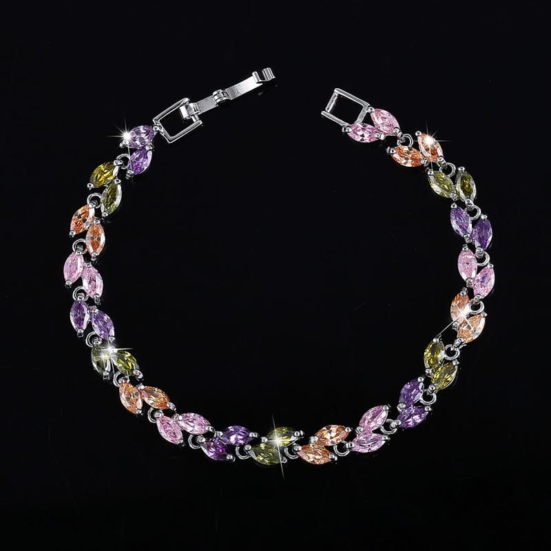 17 cm + 3 cm free extension / Colorful- S0003-Yin-CaiSe New Trendy Brilliant Cubic Zircon Inlaid Jewelry Silver Color Leaf Charm CZ Crystal Female Chain Link Bracelet Bangles for Women