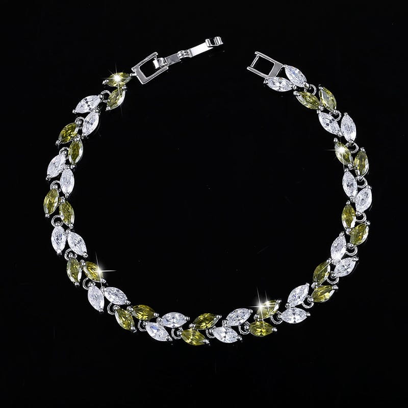 17 cm + 3 cm free extension / Green-S0003-Yin-GanLanLV New Trendy Brilliant Cubic Zircon Inlaid Jewelry Silver Color Leaf Charm CZ Crystal Female Chain Link Bracelet Bangles for Women