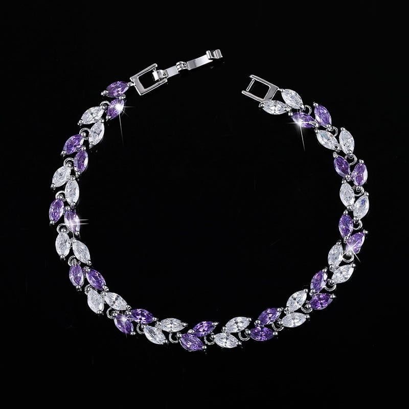 17 cm + 3 cm free extension / Purple-S0003-Yin-Zi New Trendy Brilliant Cubic Zircon Inlaid Jewelry Silver Color Leaf Charm CZ Crystal Female Chain Link Bracelet Bangles for Women
