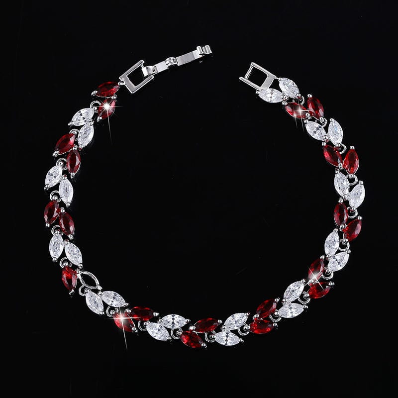 17 cm + 3 cm free extension / Red-S0003-Yin-Hong New Trendy Brilliant Cubic Zircon Inlaid Jewelry Silver Color Leaf Charm CZ Crystal Female Chain Link Bracelet Bangles for Women