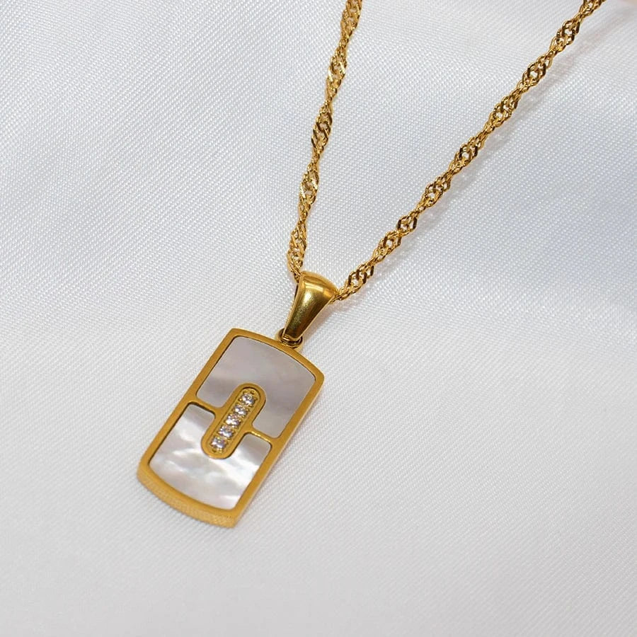 18+2inches / Gold LWN41140 Fashion Zircon Paved Rectangle Mother Of Shell Pendant Versatile 18k Gold Plated Stainless Steel Long Necklace