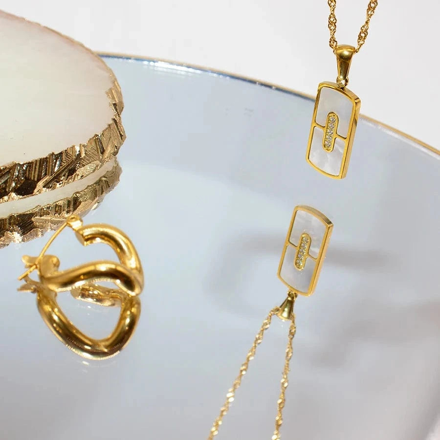 18+2inches / Gold LWN41140 Fashion Zircon Paved Rectangle Mother Of Shell Pendant Versatile 18k Gold Plated Stainless Steel Long Necklace