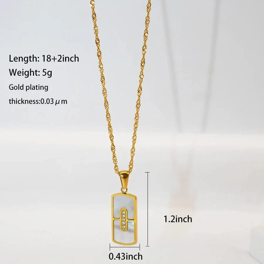 18+2inches / Gold LWN41140 Fashion Zircon Paved Rectangle Mother Of Shell Pendant Versatile 18k Gold Plated Stainless Steel Long Necklace