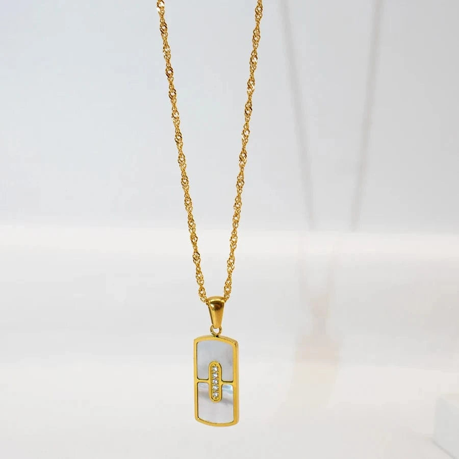 18+2inches / Gold LWN41140 Fashion Zircon Paved Rectangle Mother Of Shell Pendant Versatile 18k Gold Plated Stainless Steel Long Necklace