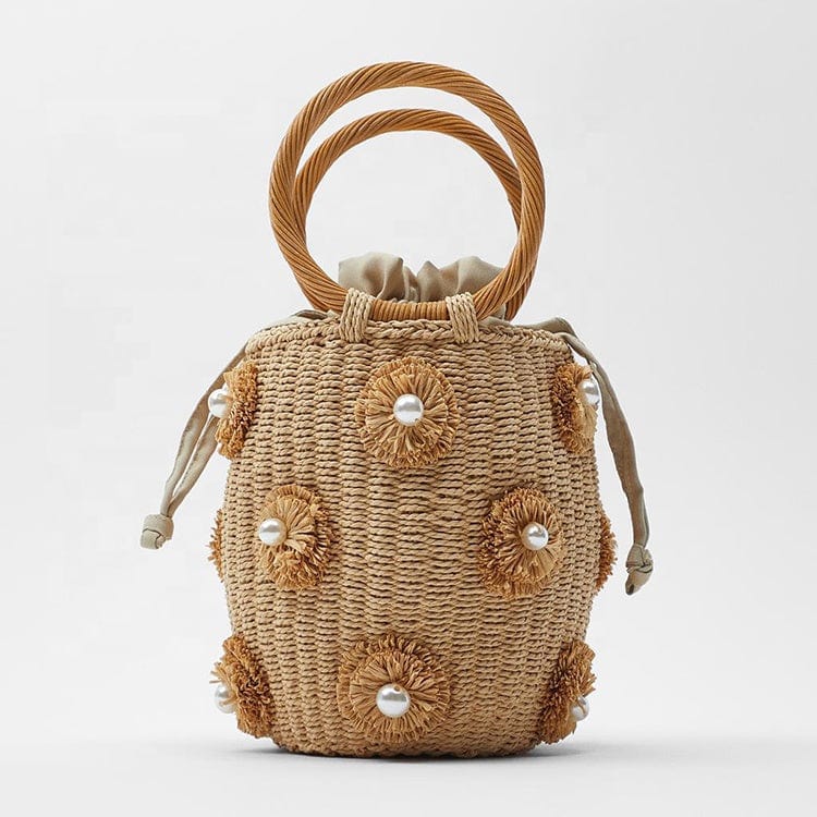 18.5*13*12CM / Camel New Fashion Barrel Women Summer Beach Straw Bag Pearl Flowers Straw Beach Bag