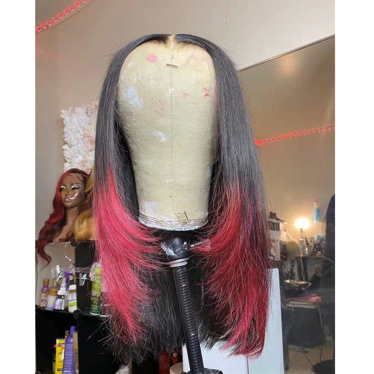 18 Inches / Ombre Red Color Ombre Red Color Bob Cuticle Aligned Human Hair Bleach Knots Transparent Lace Front Wigs