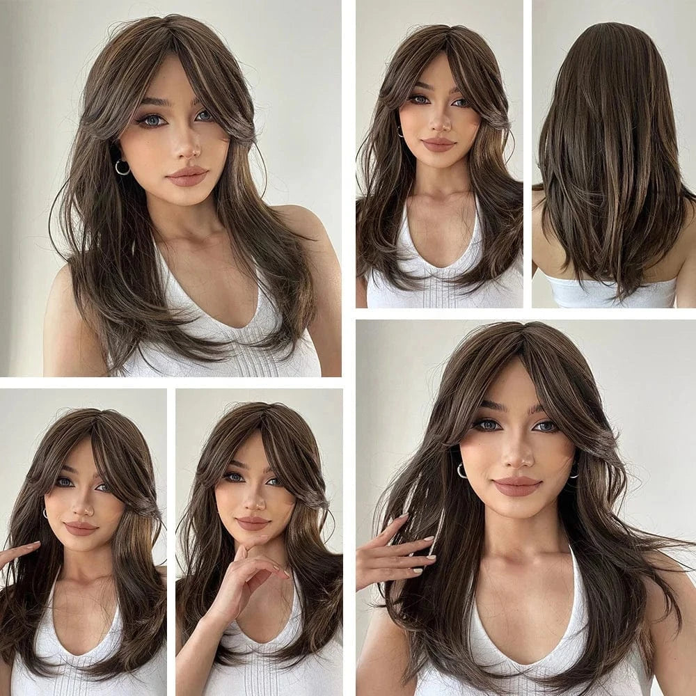 18 Inches / Picture show 18" Brown Cheap Beauty Synthetic Hair Wigs Wholesale Prices Vendor Natural Wave Middle Full Lace Wig With Bangs For Black Women