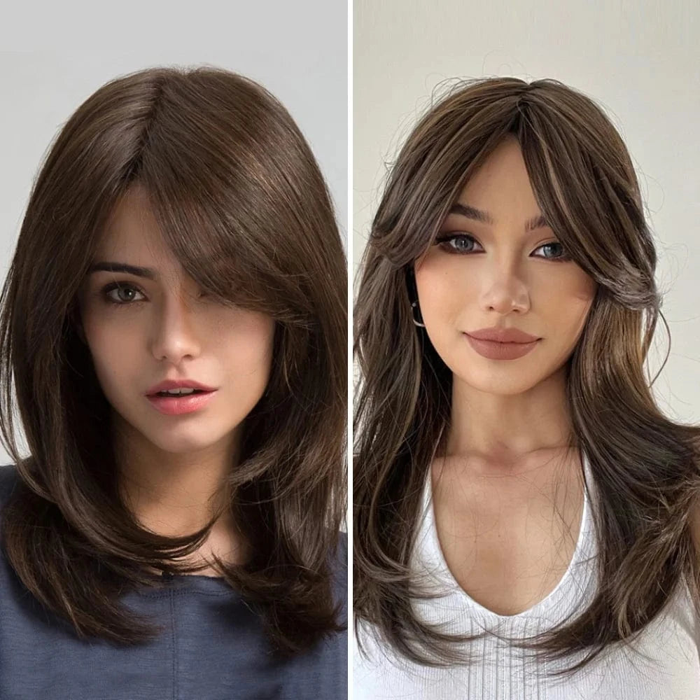 18 Inches / Picture show 18" Brown Cheap Beauty Synthetic Hair Wigs Wholesale Prices Vendor Natural Wave Middle Full Lace Wig With Bangs For Black Women