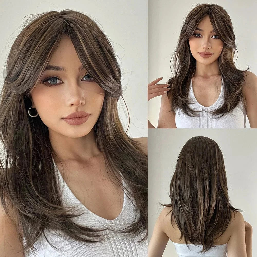 18 Inches / Picture show 18" Brown Cheap Beauty Synthetic Hair Wigs Wholesale Prices Vendor Natural Wave Middle Full Lace Wig With Bangs For Black Women