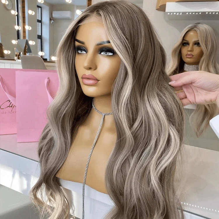 18 Inches / Wig 5 Glueless 250% Density Ash Brown Highlight Body Wave Full Virgin European Cuticle Hair Transparent HD Lace Front Wigs
