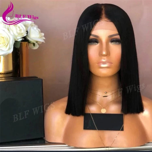 180% density silk straight wave human hair short 12 inches bob lace front wigs for black women