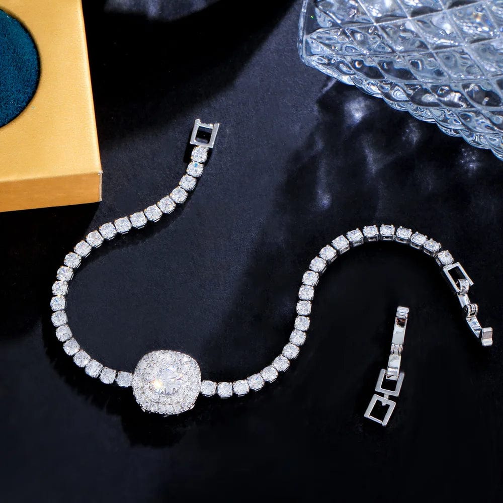 18cm + 1.5cm extension / White-S0233-Bai Shiny Top Square Green Blue Cubic Zirconia CZ Crystal Tennis Chain Link Women Party Engagement Bracelets Jewelry Gift