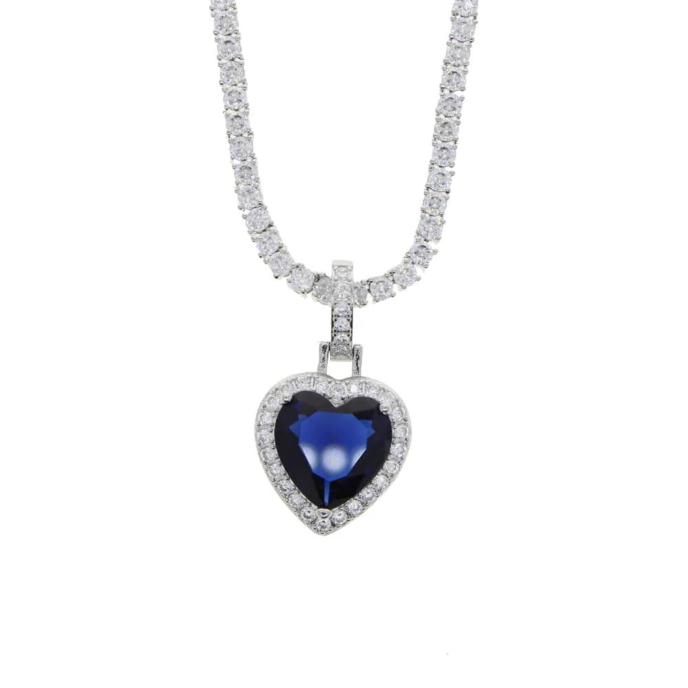 18inches / N680+N740-Dark Blue New Silver Plated 3mm Tennis Chain Heart Pendant Necklace Bling Iced Out Rainbow Cubic Zirconia Hip Hop Fashion  Women Jewelry
