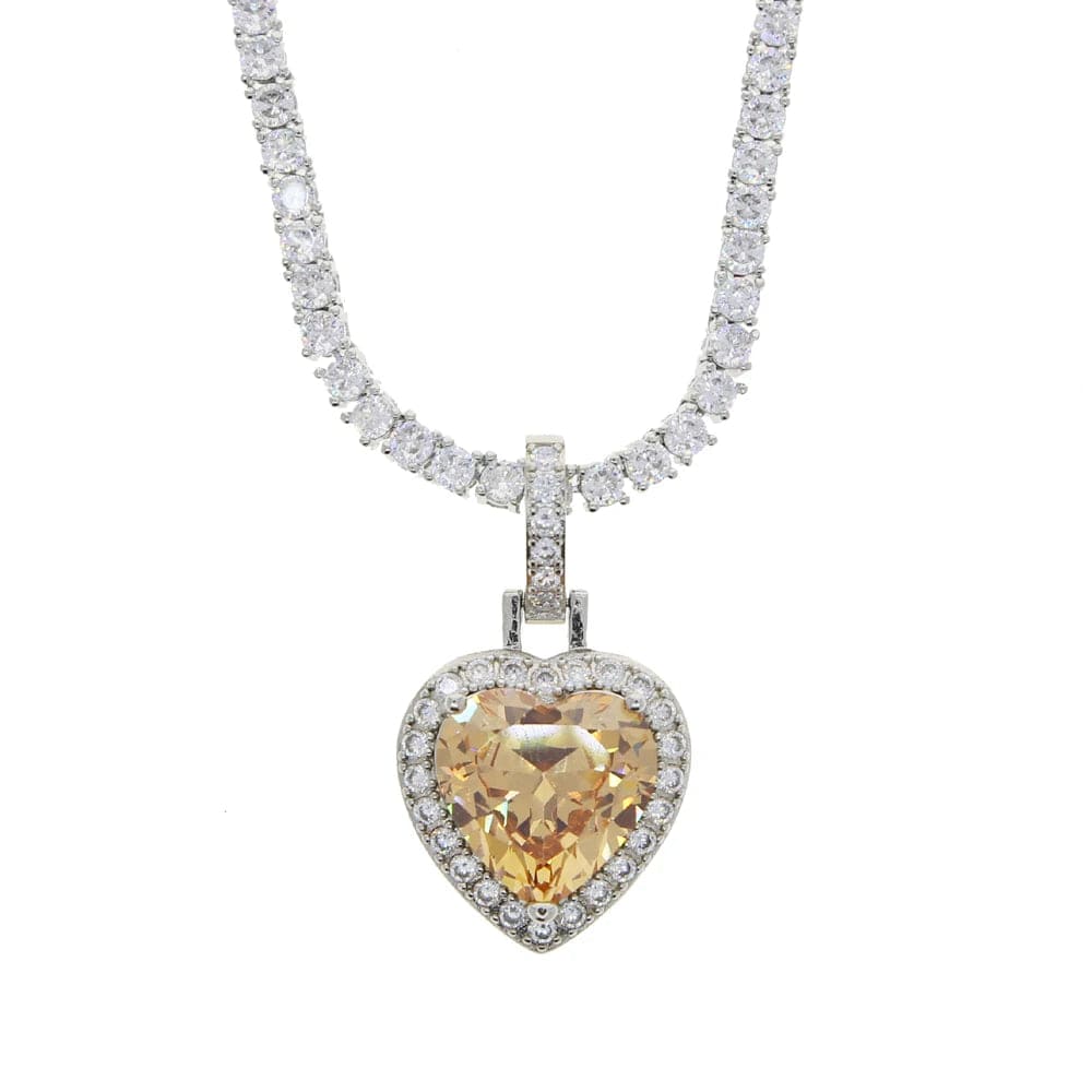 18inches / N680+N740-P-Champage New Silver Plated 3mm Tennis Chain Heart Pendant Necklace Bling Iced Out Rainbow Cubic Zirconia Hip Hop Fashion  Women Jewelry