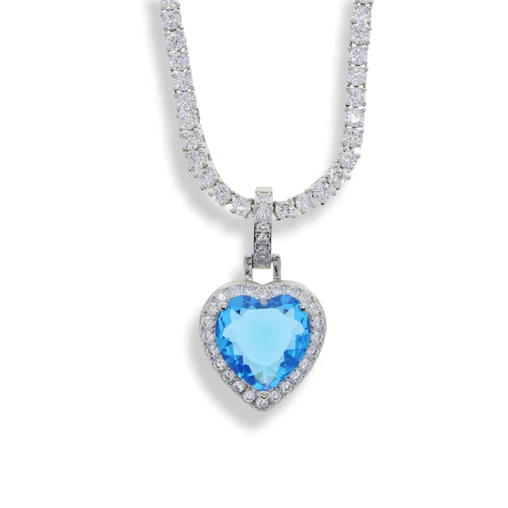 18inches / N680+N740-P-Light Blue New Silver Plated 3mm Tennis Chain Heart Pendant Necklace Bling Iced Out Rainbow Cubic Zirconia Hip Hop Fashion  Women Jewelry