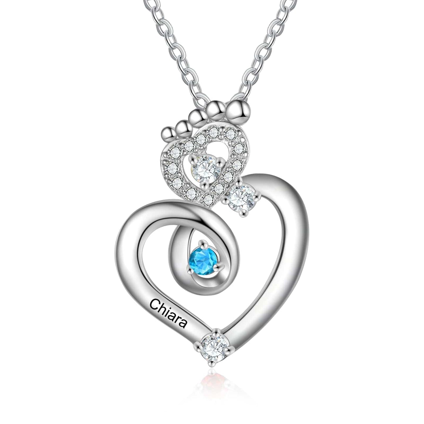 18inches / one birthstone New Arrival Copper Custom Cubic Zirconia Baby Feet Necklace Personalised Name Heart Necklace