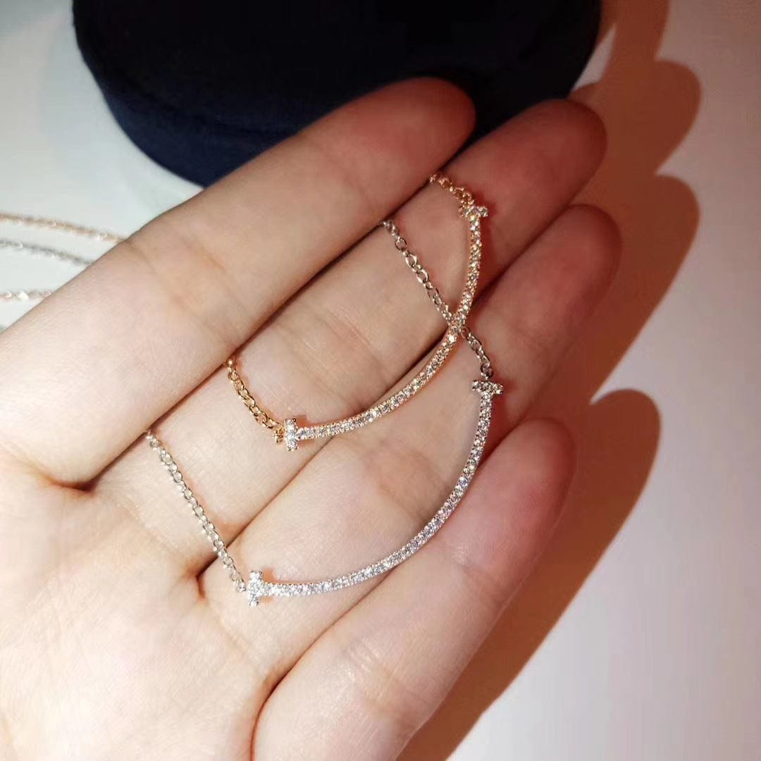 18inches / Rose gold Aimgal MINI smile with diamond necklace 925 sterling silver gold plated with diamond smile pendant necklace