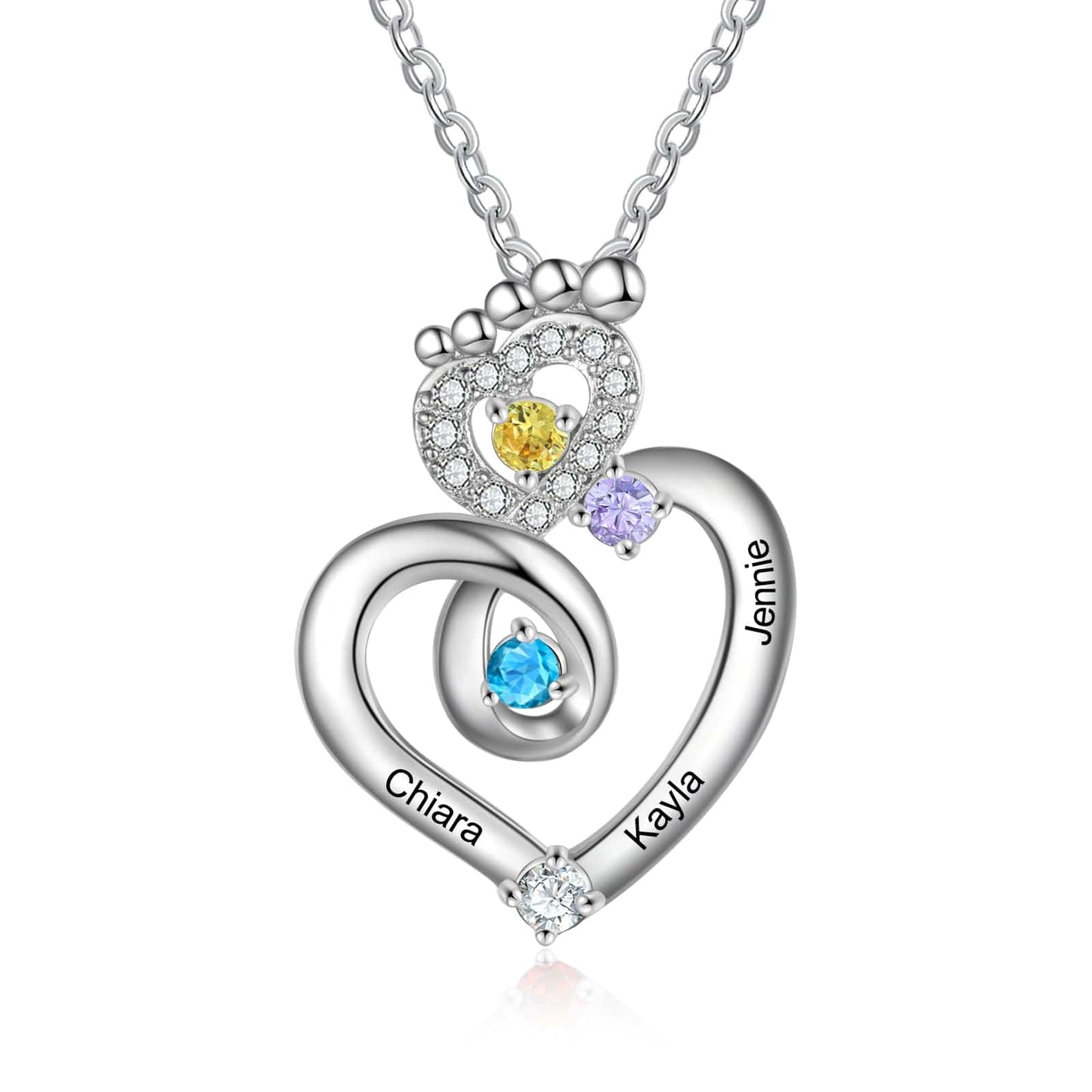 18inches / three birthstones New Arrival Copper Custom Cubic Zirconia Baby Feet Necklace Personalised Name Heart Necklace