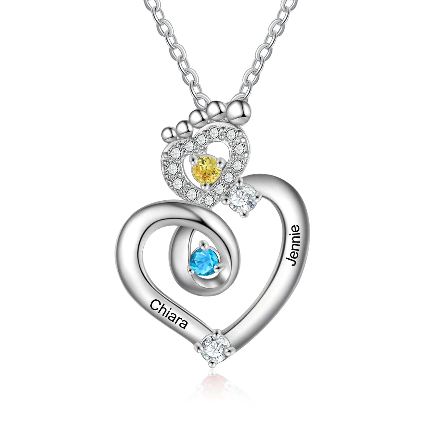 18inches / two birthstones New Arrival Copper Custom Cubic Zirconia Baby Feet Necklace Personalised Name Heart Necklace