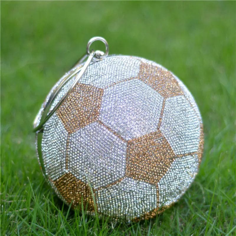 19X19X29CM / Brown&White Fashionable Diamond Football Crystal Purse handbag Round Shoulder Bag  Unique Personality Rhinestone Soccer ball Purse for Party