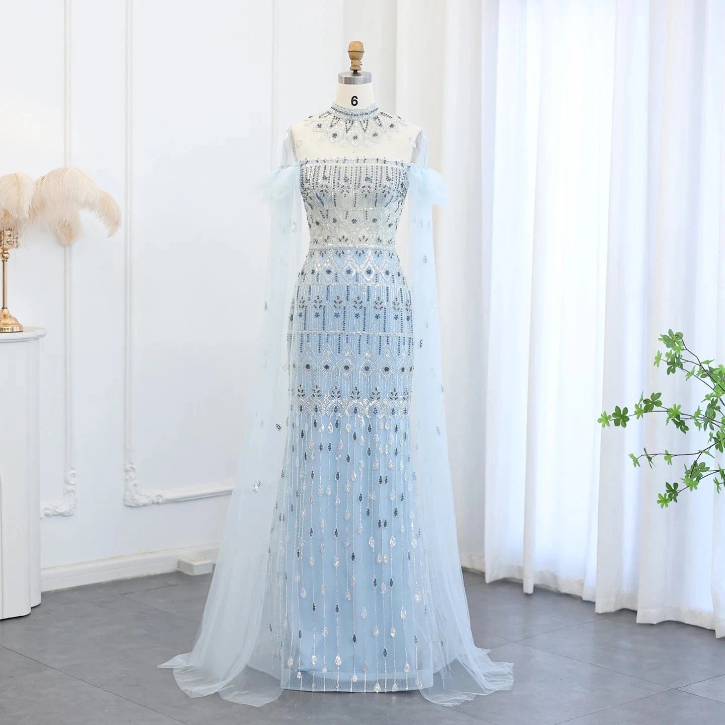 2 / 1 Luxury Arabic Light Blue Mermaid Evening Dress With Cape Sleeves Elegant High Neck Women Wedding Party Gowns Sz096