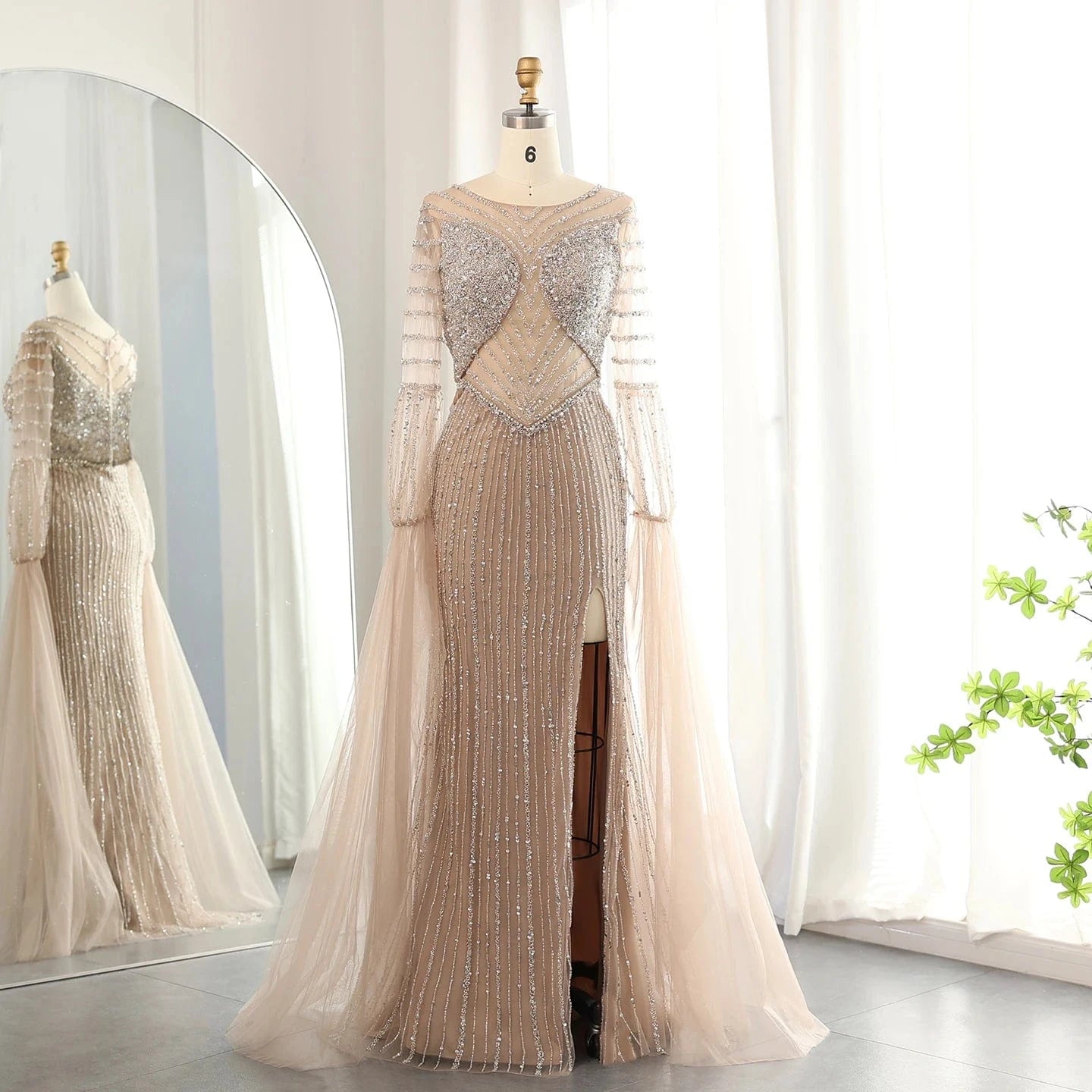 2 / 1 Luxury Dubai Mermaid Lilac Evening Dress With Cape Sleeves Slit Elegant Sage Green Women Wedding Party Gowns Sz178