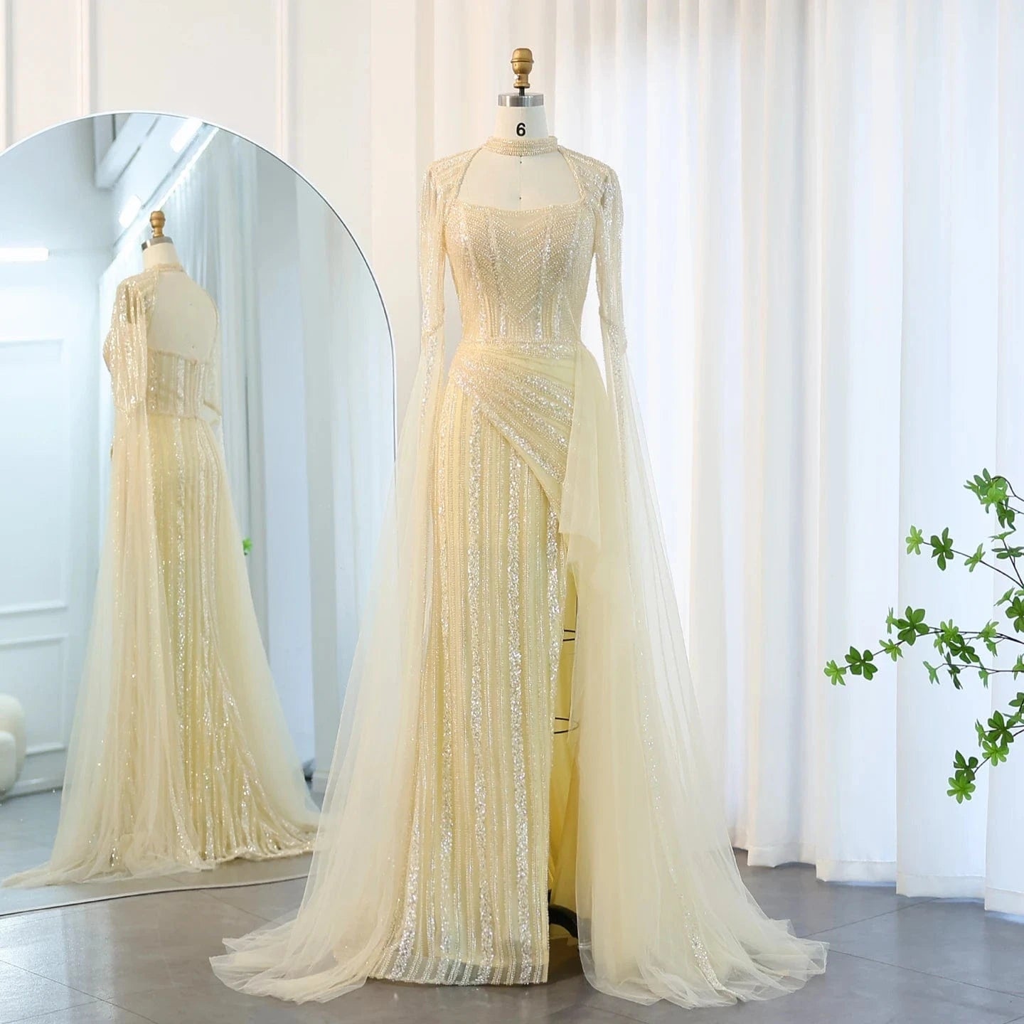 2 / 1 Luxury Mermaid Dusty Pink Evening Dress With Cape Sleeves Slit Elegant Yellow Blue Women Wedding Party Gowns Sz003