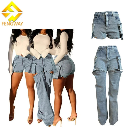 2-in-1 Detachable Cargo Denim Jeans Shorts