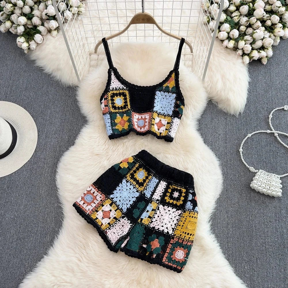 2 Piece Set Hot Selling Handmade Crochet Hollow Out Bikini Beach Mini Top With Shorts Swimsuit Sets