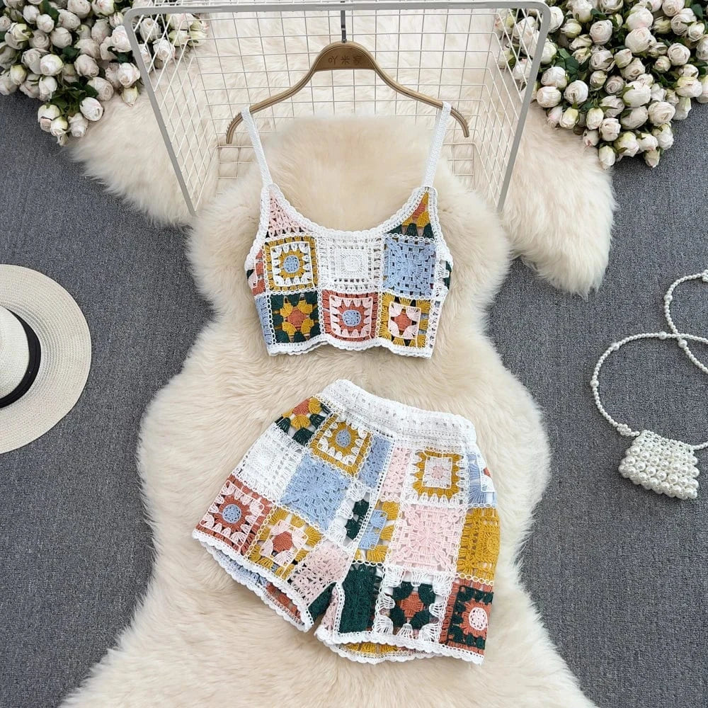 2 Piece Set Hot Selling Handmade Crochet Hollow Out Bikini Beach Mini Top With Shorts Swimsuit Sets