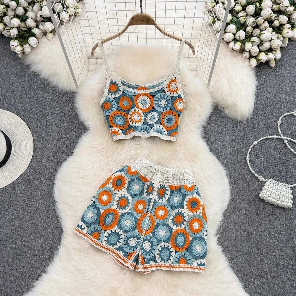 2 Piece Set Hot Selling Handmade Crochet Hollow Out Bikini Beach Mini Top With Shorts Swimsuit Sets