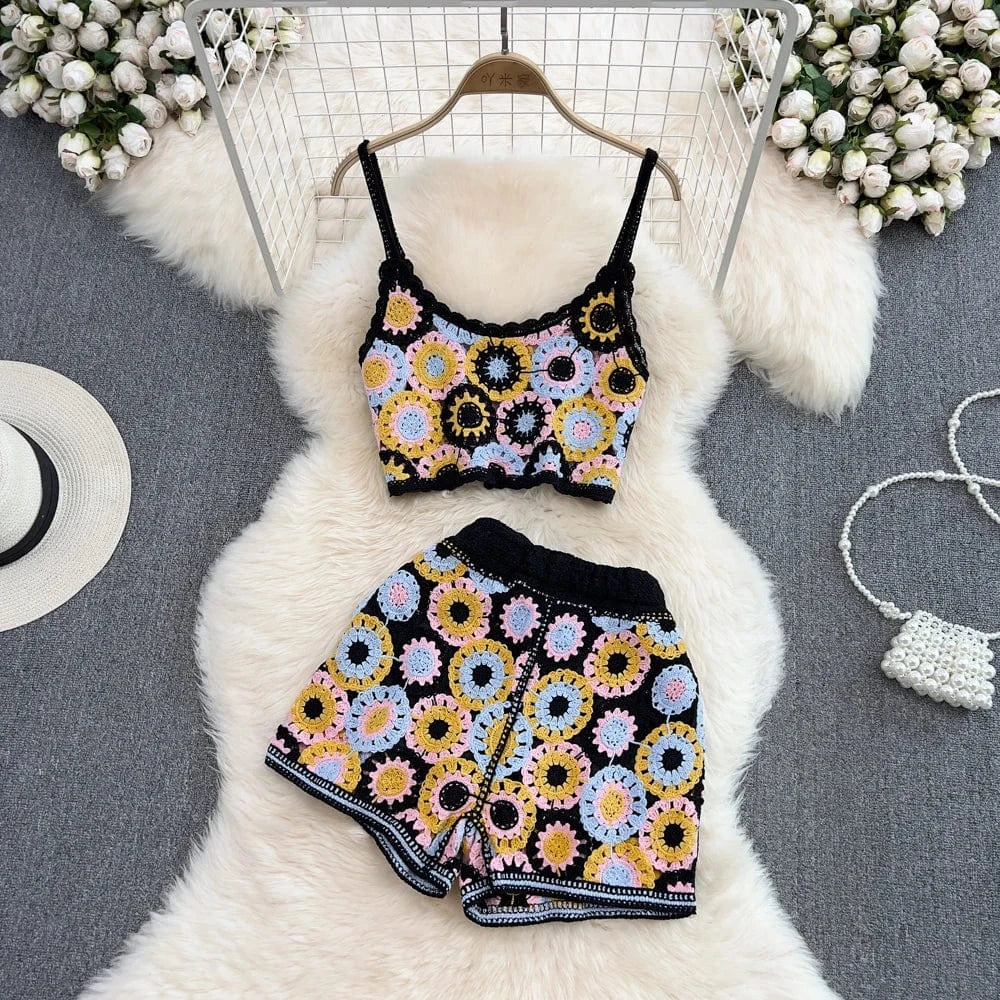 2 Piece Set Hot Selling Handmade Crochet Hollow Out Bikini Beach Mini Top With Shorts Swimsuit Sets