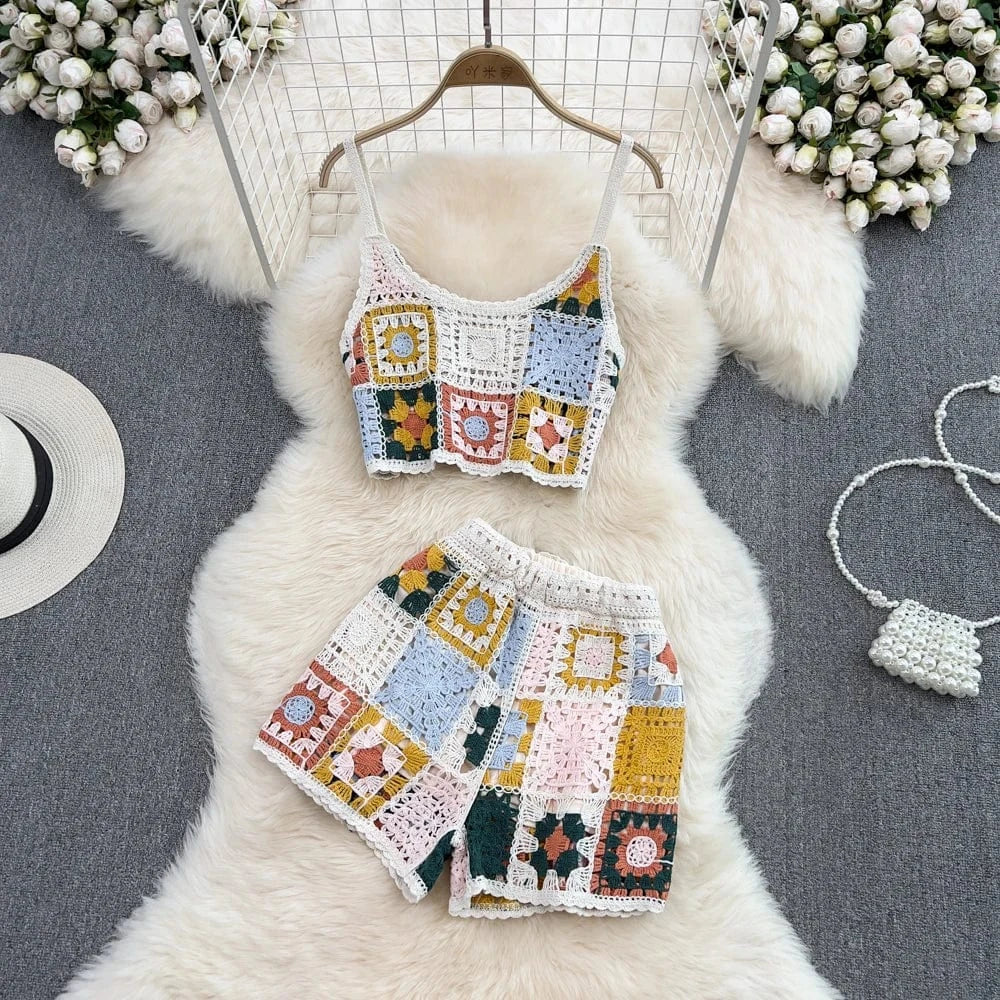 2 Piece Set Hot Selling Handmade Crochet Hollow Out Bikini Beach Mini Top With Shorts Swimsuit Sets