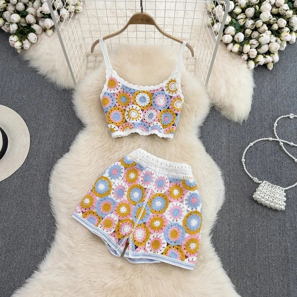 2 Piece Set Hot Selling Handmade Crochet Hollow Out Bikini Beach Mini Top With Shorts Swimsuit Sets