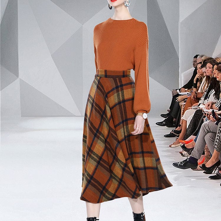2 Pieces Sets Women Fashion Round Collar Puff Sleeve Pullover Knit Tops Chic High Waist Plaid Swing Skirts Autumn Winter